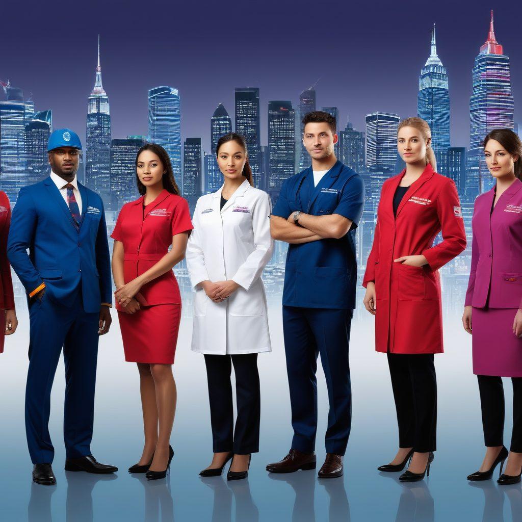 A visually striking scene showcasing a diverse group of professionals in customized uniforms, each representing a different industry, such as healthcare, hospitality, and corporate. The background should feature a stylized city skyline to symbolize brand identity. Include elements like logos and color schemes on the uniforms that reflect the brands. Bright, engaging colors to capture attention and convey professionalism. super-realistic. vibrant colors. urban backdrop.