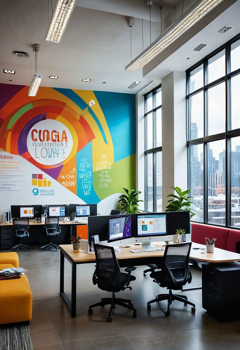 A modern, stylish office setting showcasing a diverse group of happy employees wearing trendy branded clothing. The atmosphere is vibrant, filled with engaging activities and collaborative spaces. Include elements like colorful designs and logos on the clothing, along with motivational quotes on the walls. Bright natural light filters through large windows, creating an energetic and welcoming environment. vector art. vibrant colors. modern style.