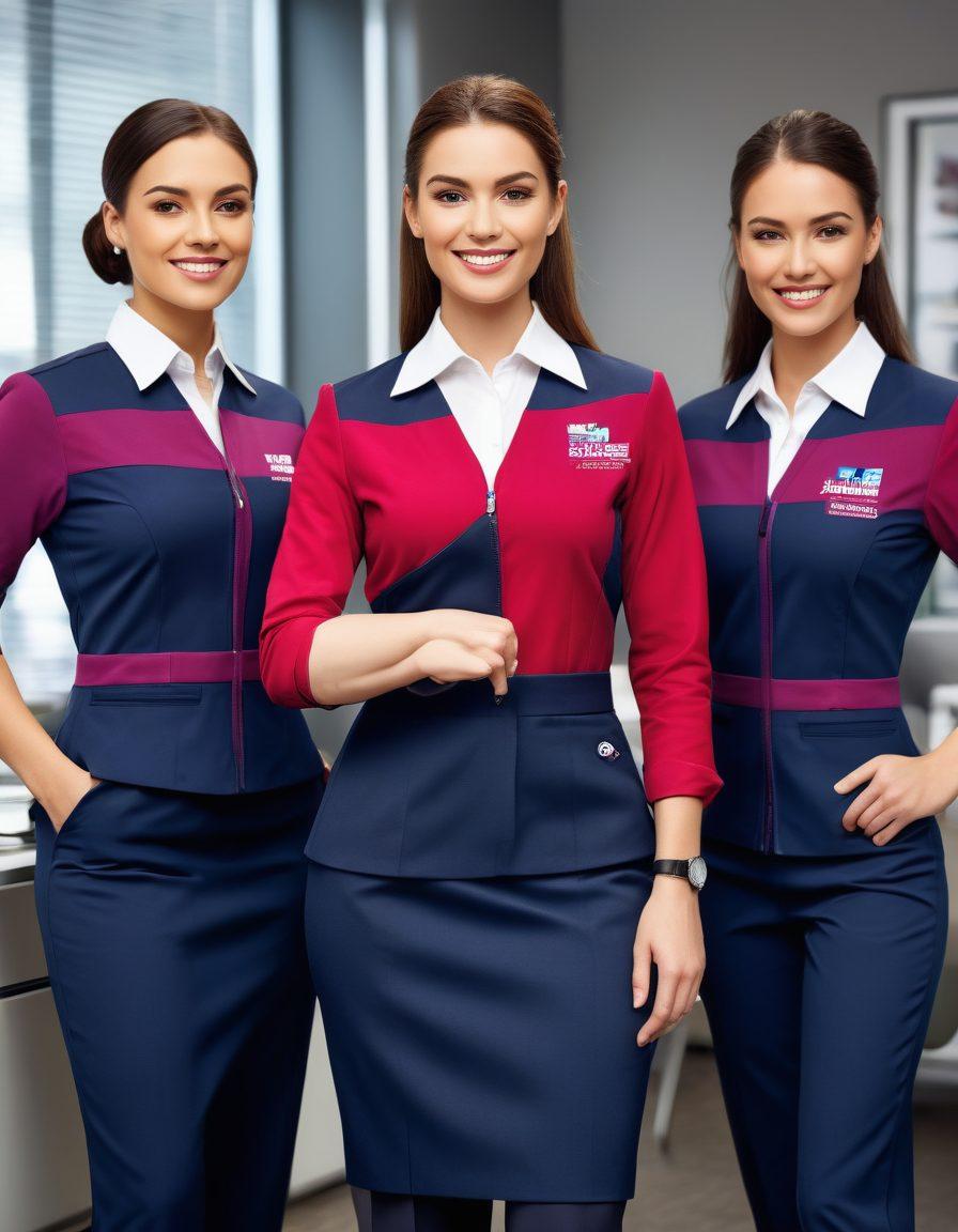 A dynamic scene showcasing a group of diverse professionals wearing stylish, customized uniforms that reflect their brand identity. The background features a modern office environment with branding elements like logos and colors integrated into the design. Captivating expressions of teamwork and pride, emphasizing the importance of professionalism and unity. The image should have a contemporary aesthetic and vibrant colors to highlight the uniforms' details. super-realistic. vibrant colors. modern corporate setting.